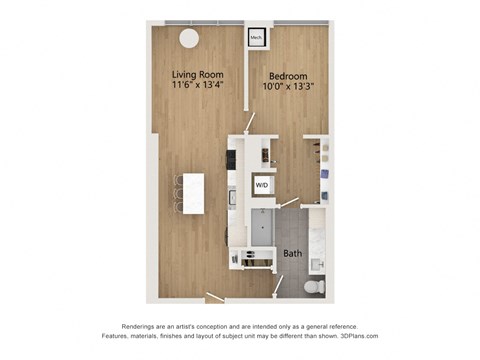 Floor plan for 1 bed, 1 bath, 750 sqft